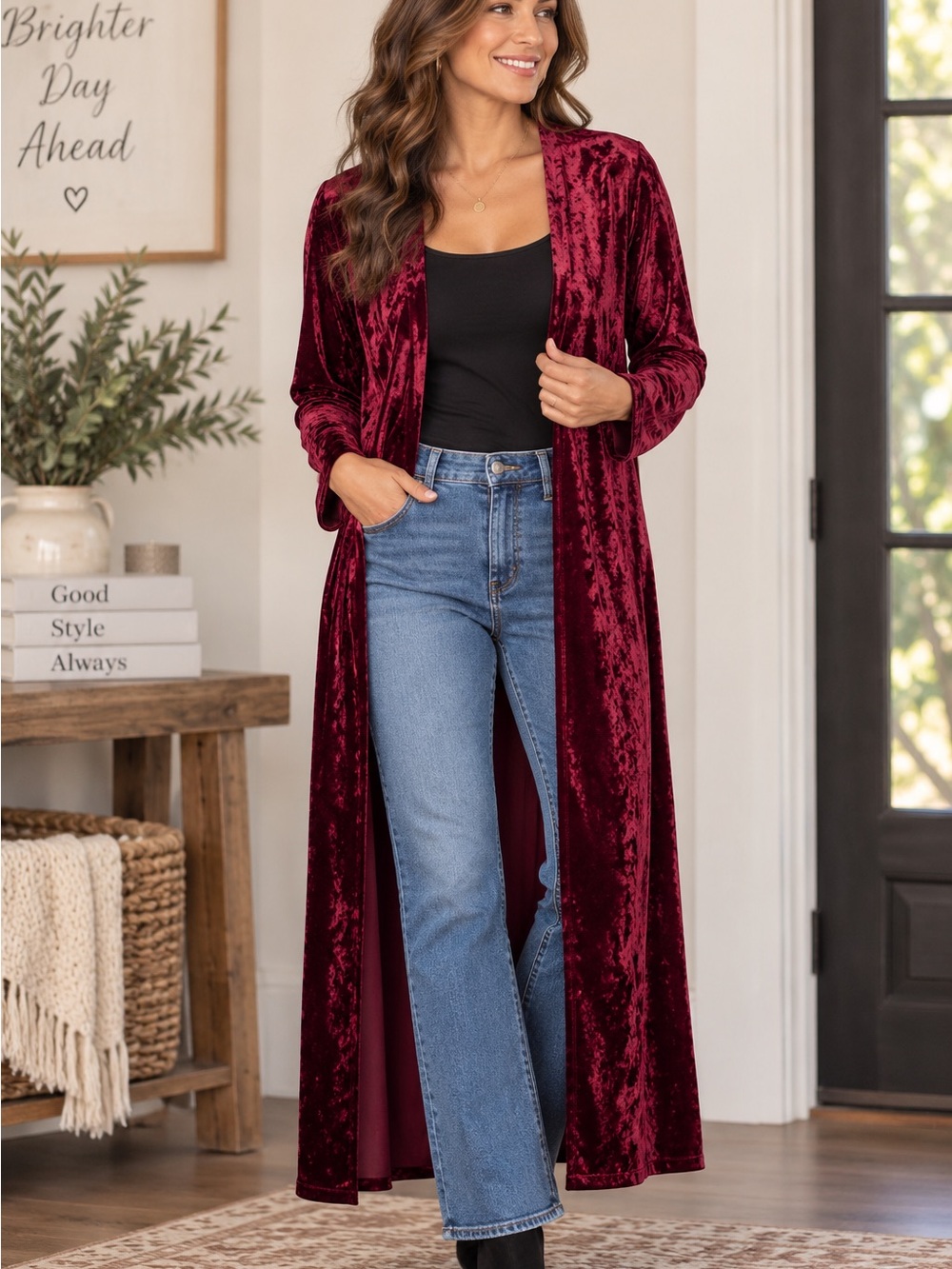Three Bird Nest Burgundy Crushed Velvet Long Duster Cardigan